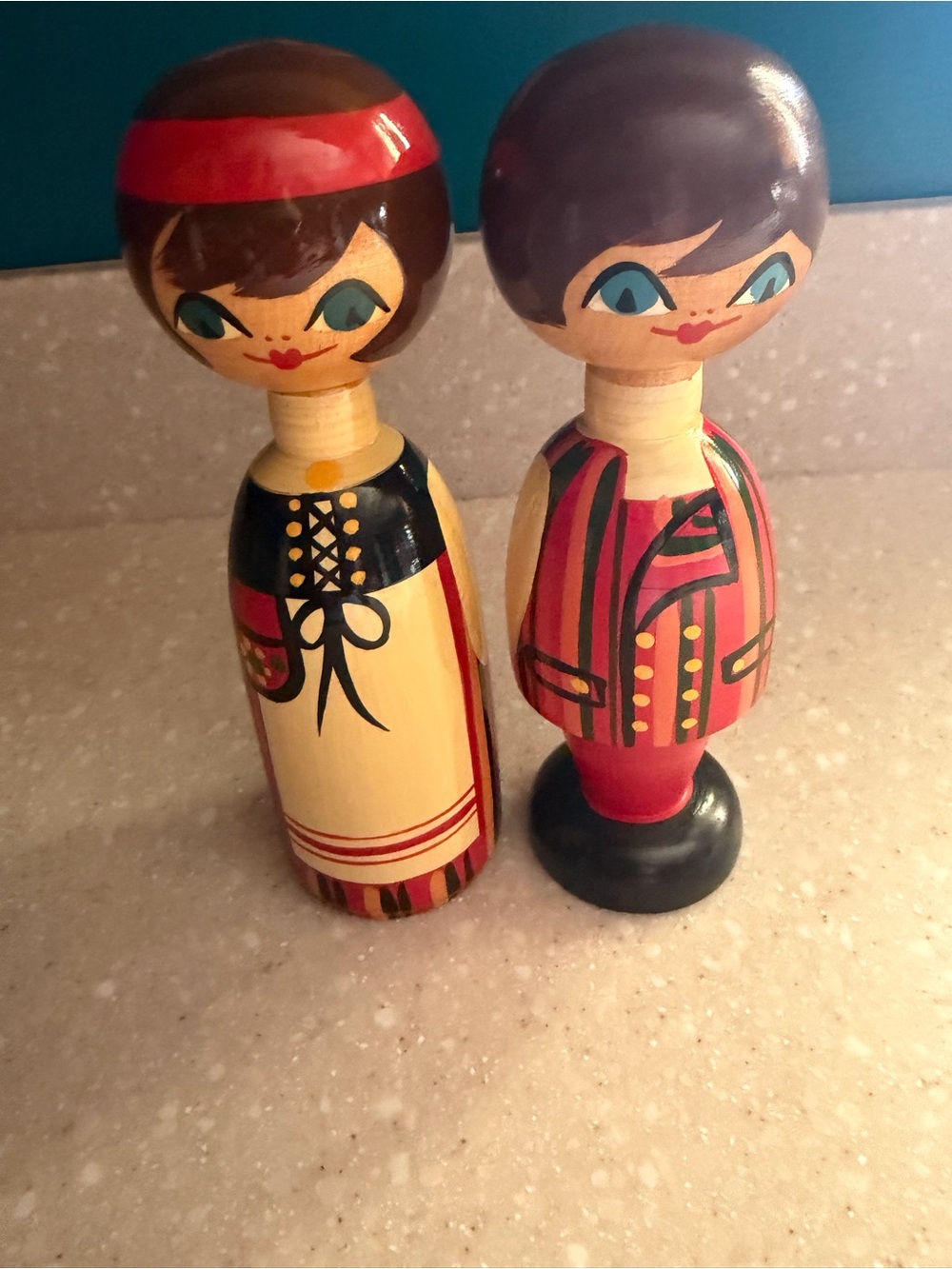 Mid century Hand-Painted Red and Cream Wooden Decorative Dolls made in Finland